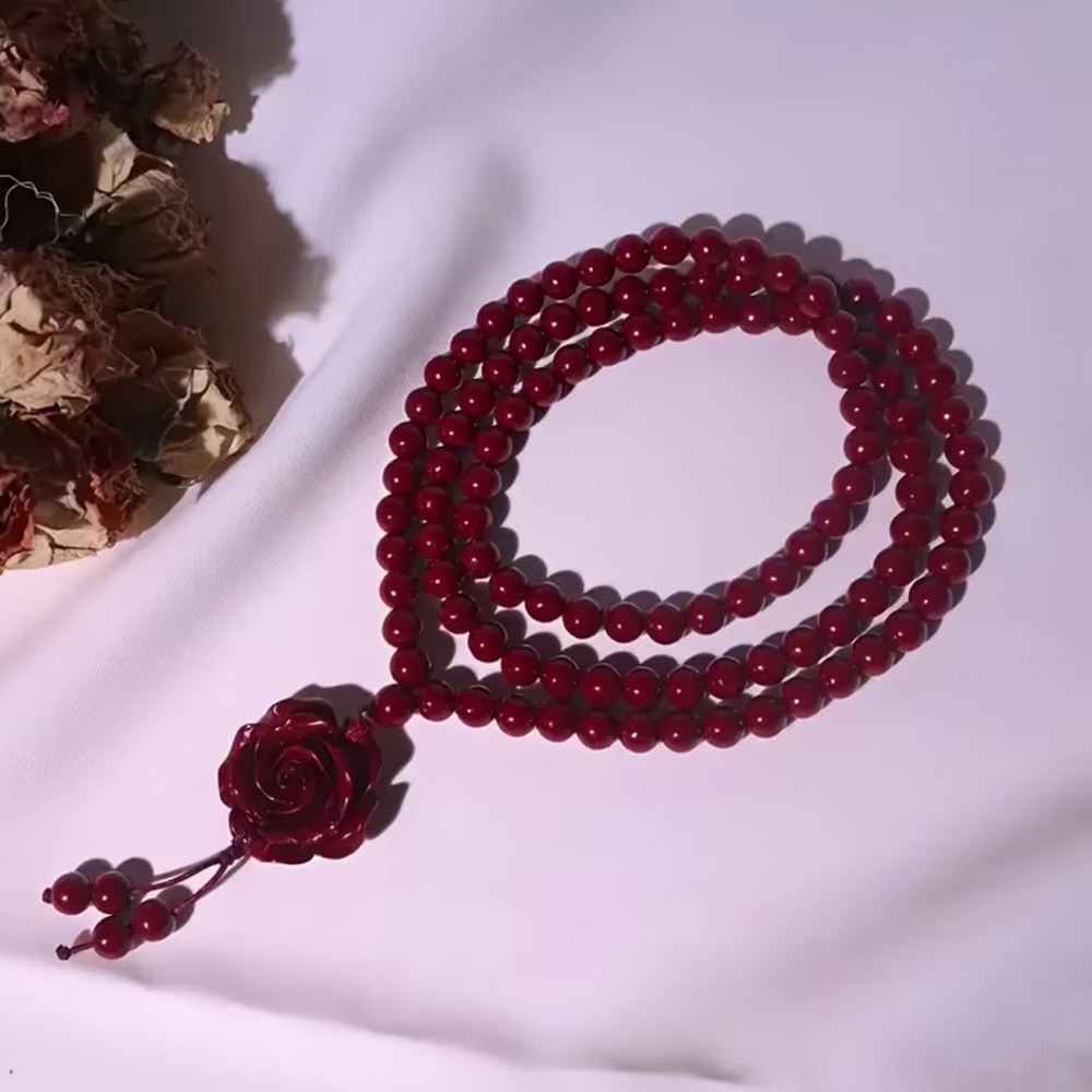 Elegant Red Beaded Necklace with Rose Charm - Picture 7 of 8